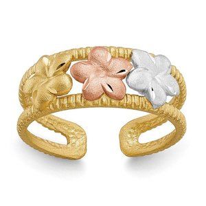 14k Yellow Gold Solid Toe Ring Two-tone & Rhodium Plumeria Adjustable